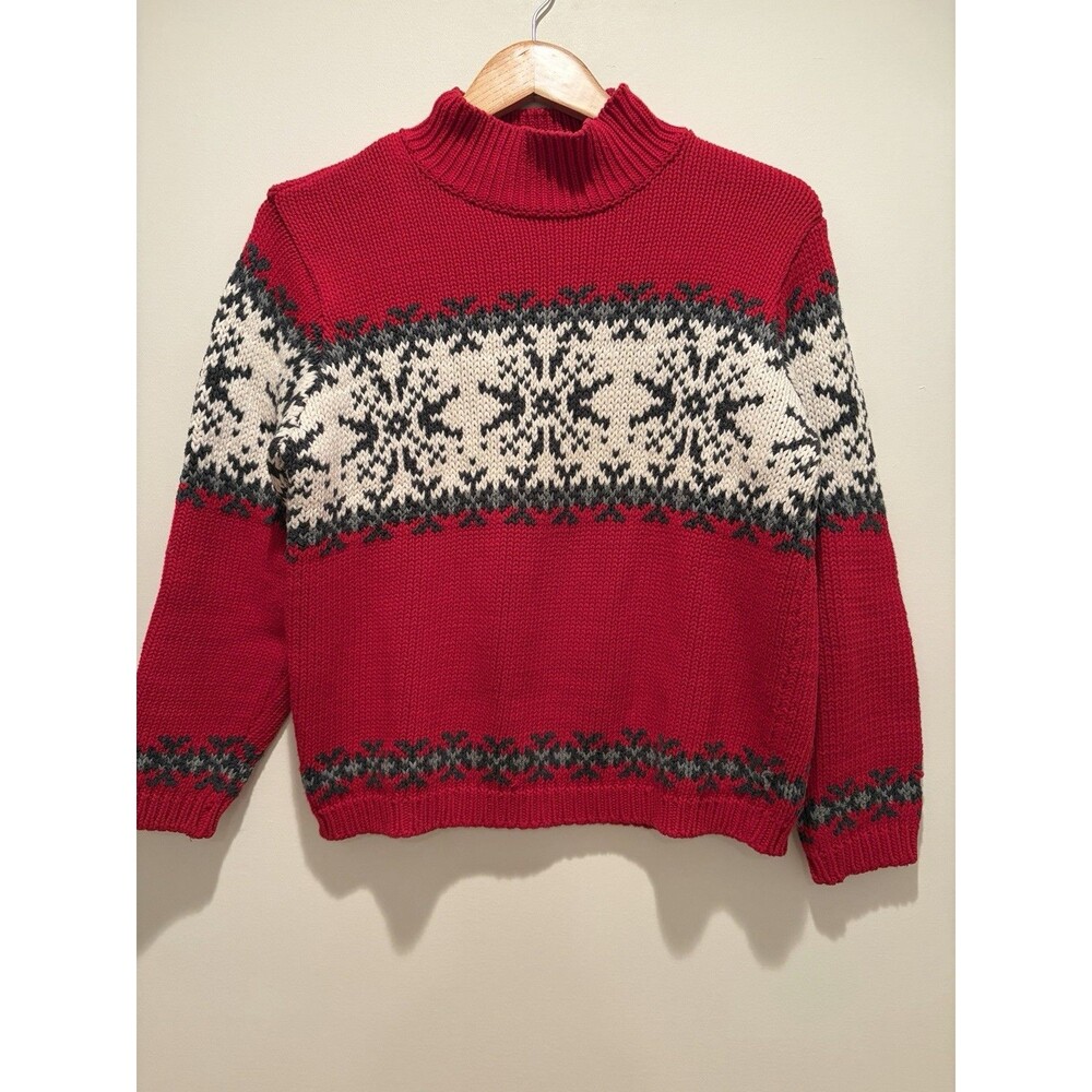 Vtg Talbots Knit Christmas Sweater Sz  M Red Gray Snowflakes Mock Turtleneck